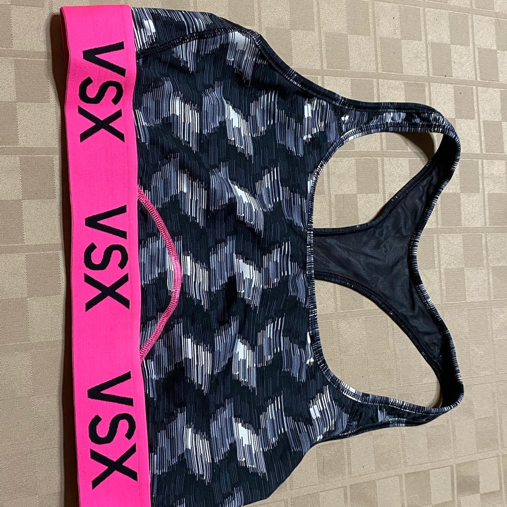 EUC Victoria Secret VSX Sports Bra Racer Back Black‎ Pink LARGE L Pullover.